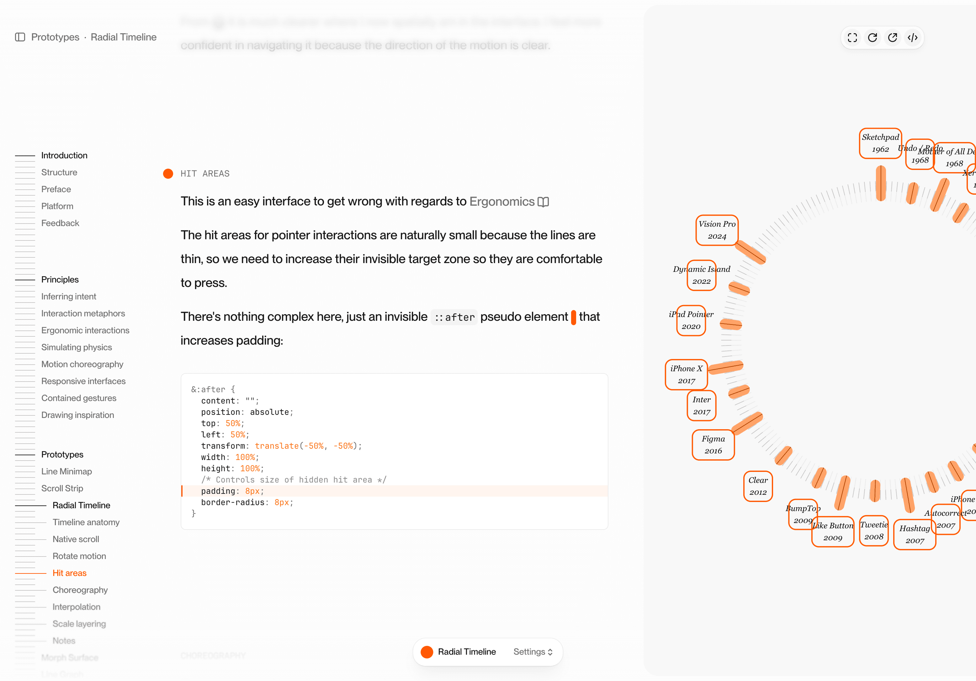 Screenshot of the platform with a 3 column layout: sidebar, content, and prototype area